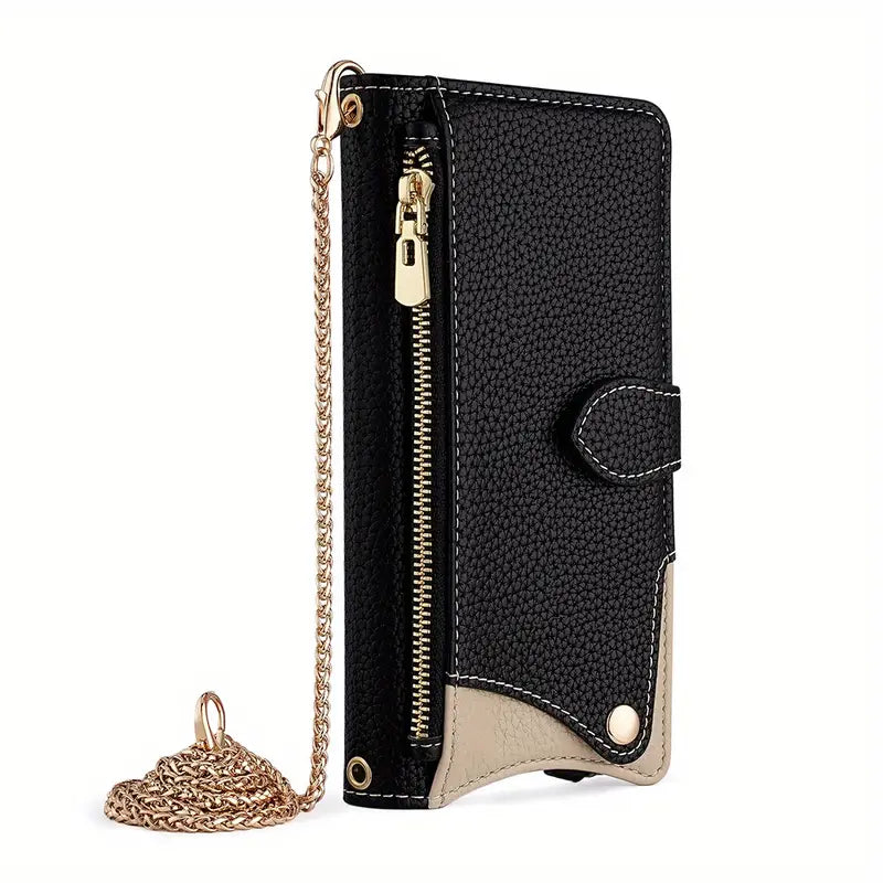 Makeup Mirror, Metal Chain, & Large Capacity Zip Wallet Case for iPhone