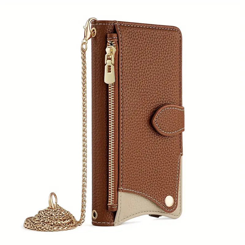 Makeup Mirror, Metal Chain, & Large Capacity Zip Wallet Case for iPhone