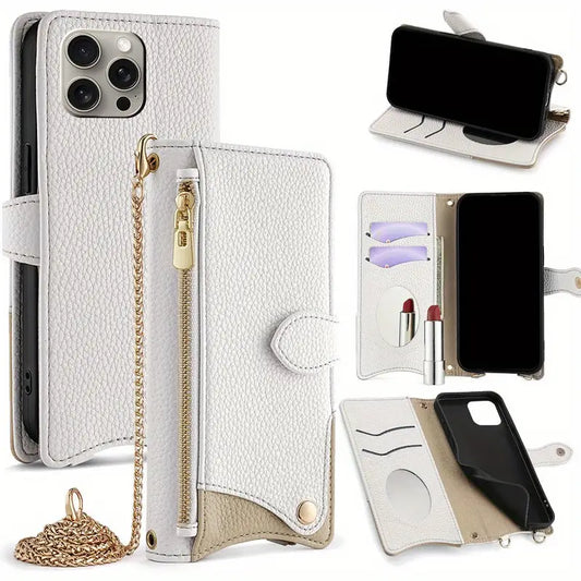 Makeup Mirror, Metal Chain, & Large Capacity Zip Wallet Case for iPhone