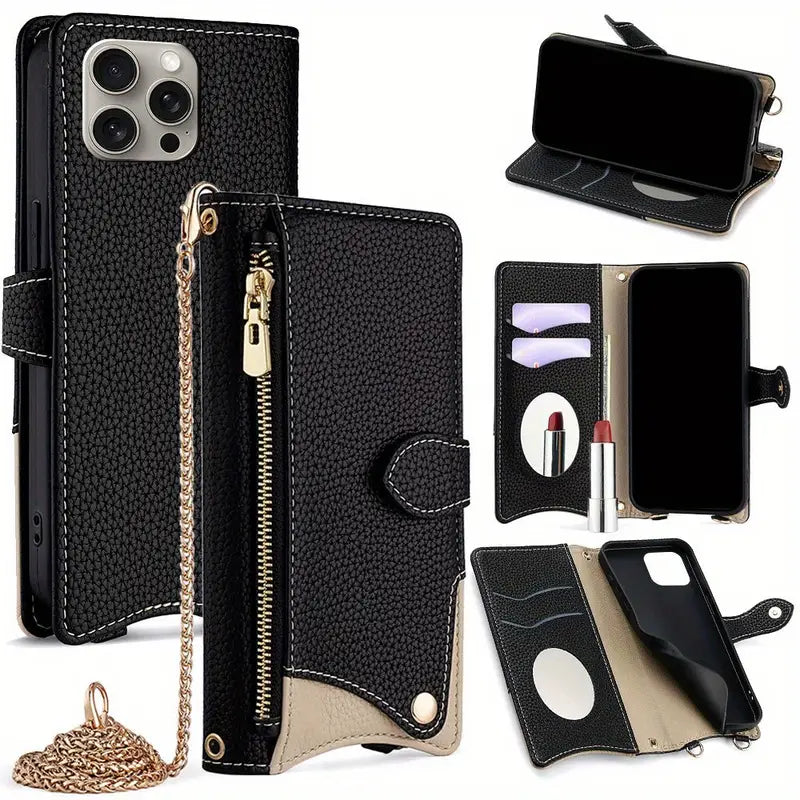 Makeup Mirror, Metal Chain, & Large Capacity Zip Wallet Case for iPhone