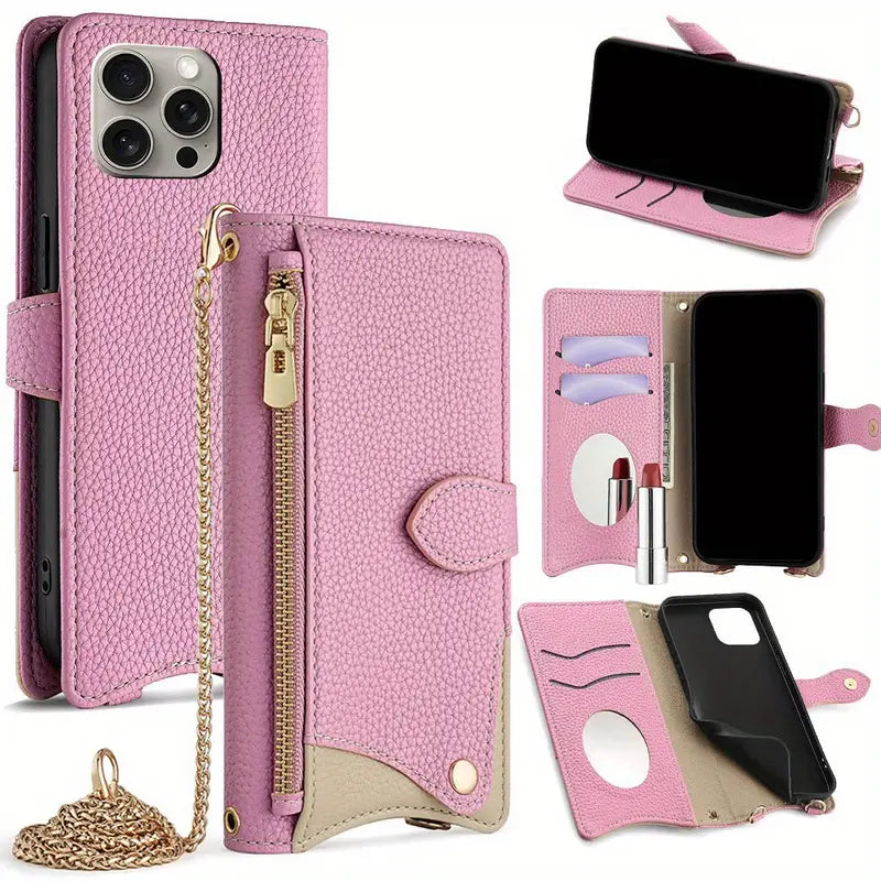 Makeup Mirror, Metal Chain, & Large Capacity Zip Wallet Case for iPhone