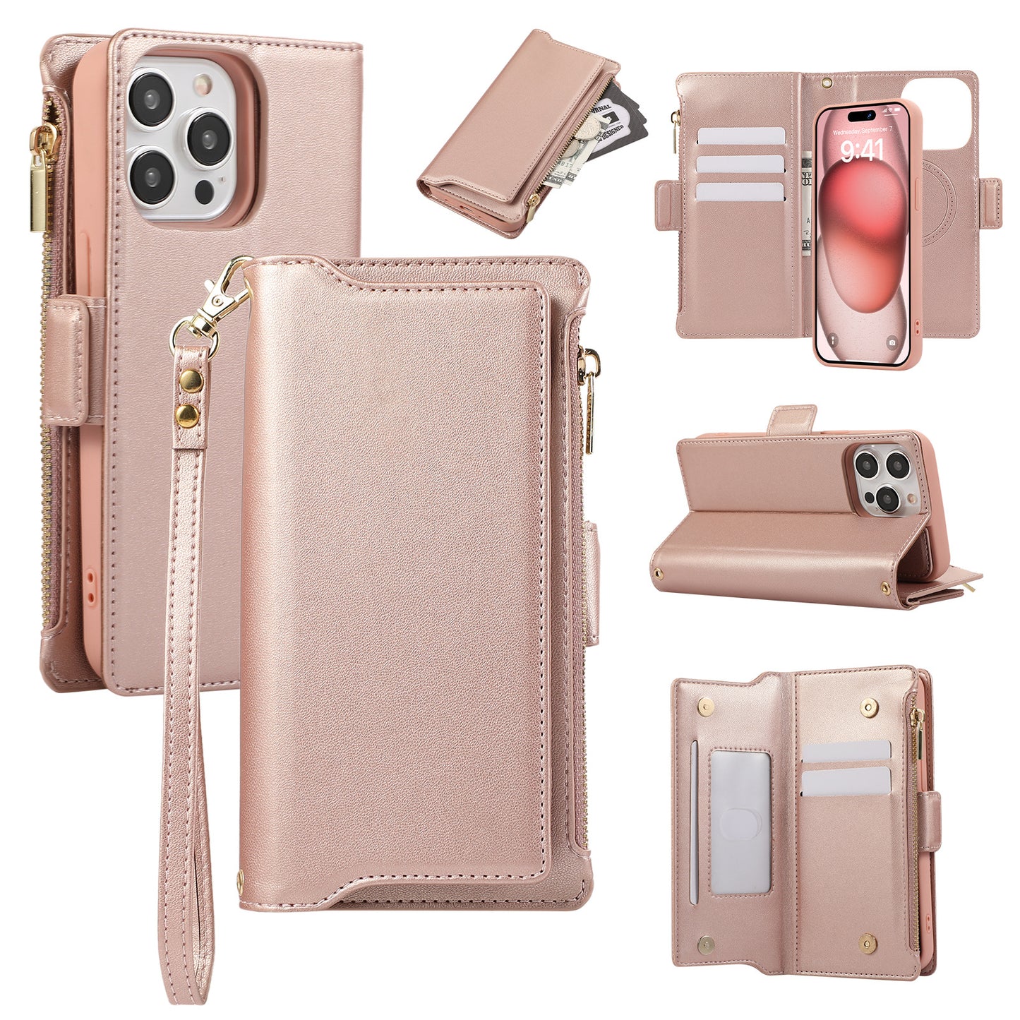 Multifunctional MagSafe Zipper 2-in-1 Leather Case for iPhone