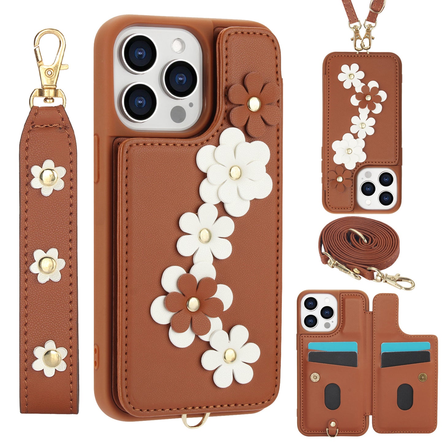 Crossbody Leather Wallet Wristlet Phone Case for iPhone