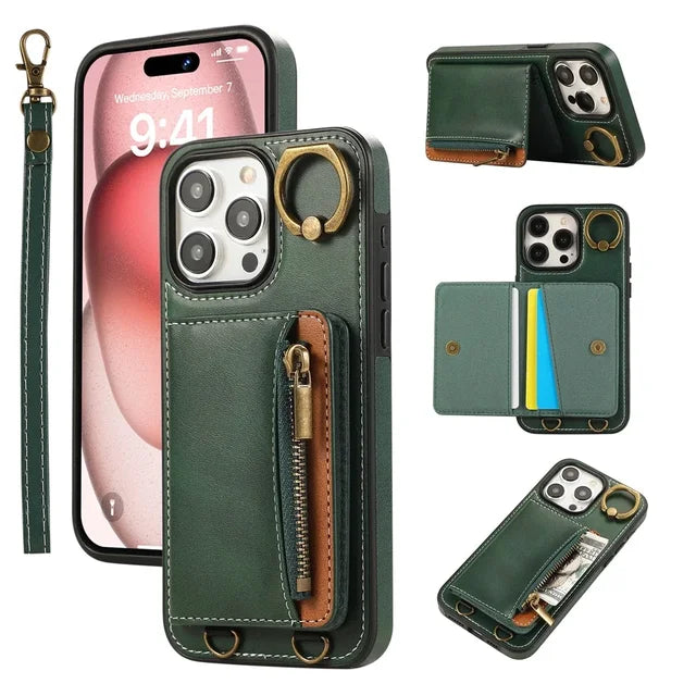 Zip Card Holder Leather Wallet Case for iPhone