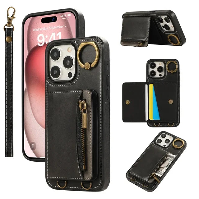 Zip Card Holder Leather Wallet Case for iPhone