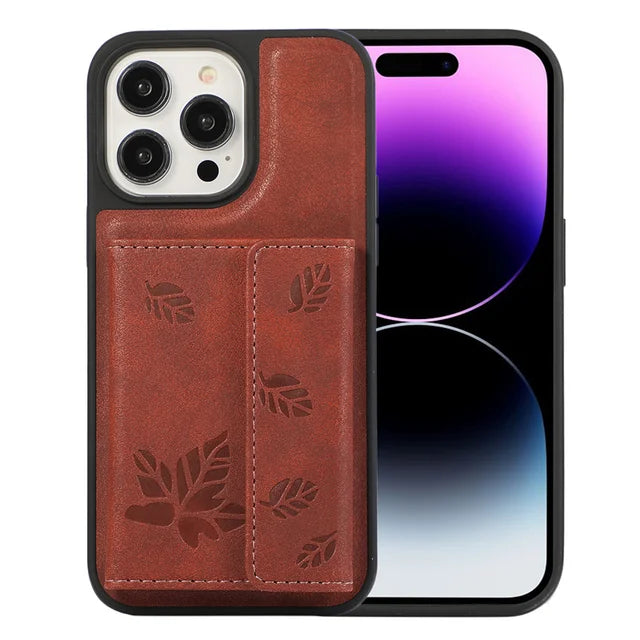 Luxury Maple Leaf Leather Wallet Card Case for iPhone