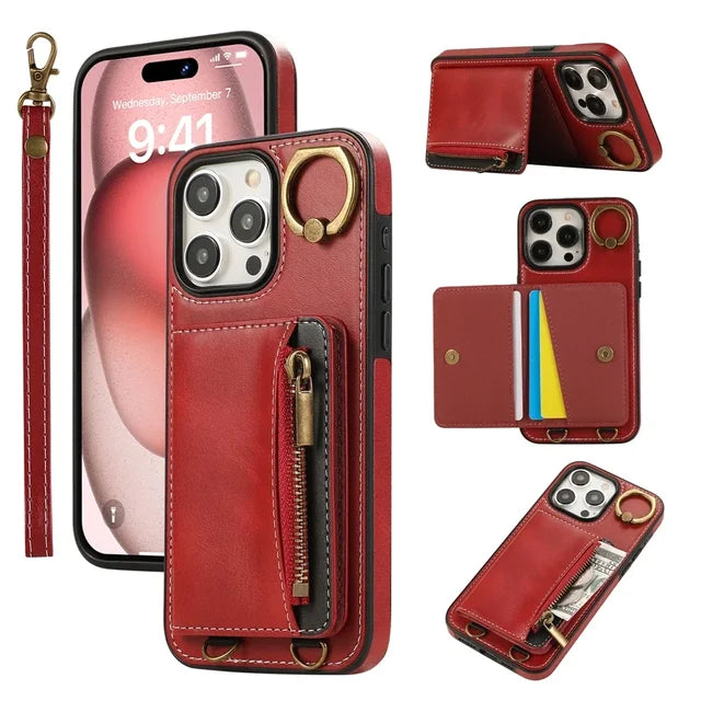 Zip Card Holder Leather Wallet Case for iPhone