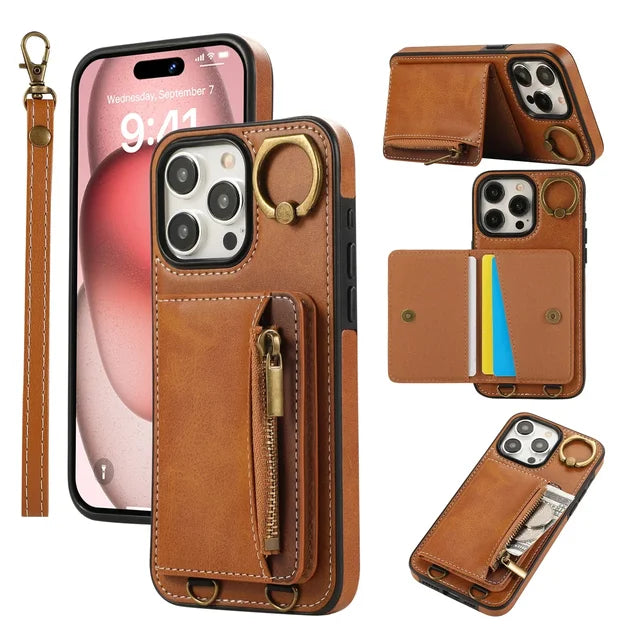 Zip Card Holder Leather Wallet Case for iPhone