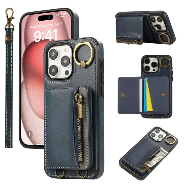 Zip Card Holder Leather Wallet Case for iPhone