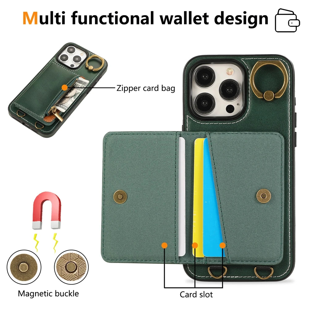 Zip Card Holder Leather Wallet Case for iPhone